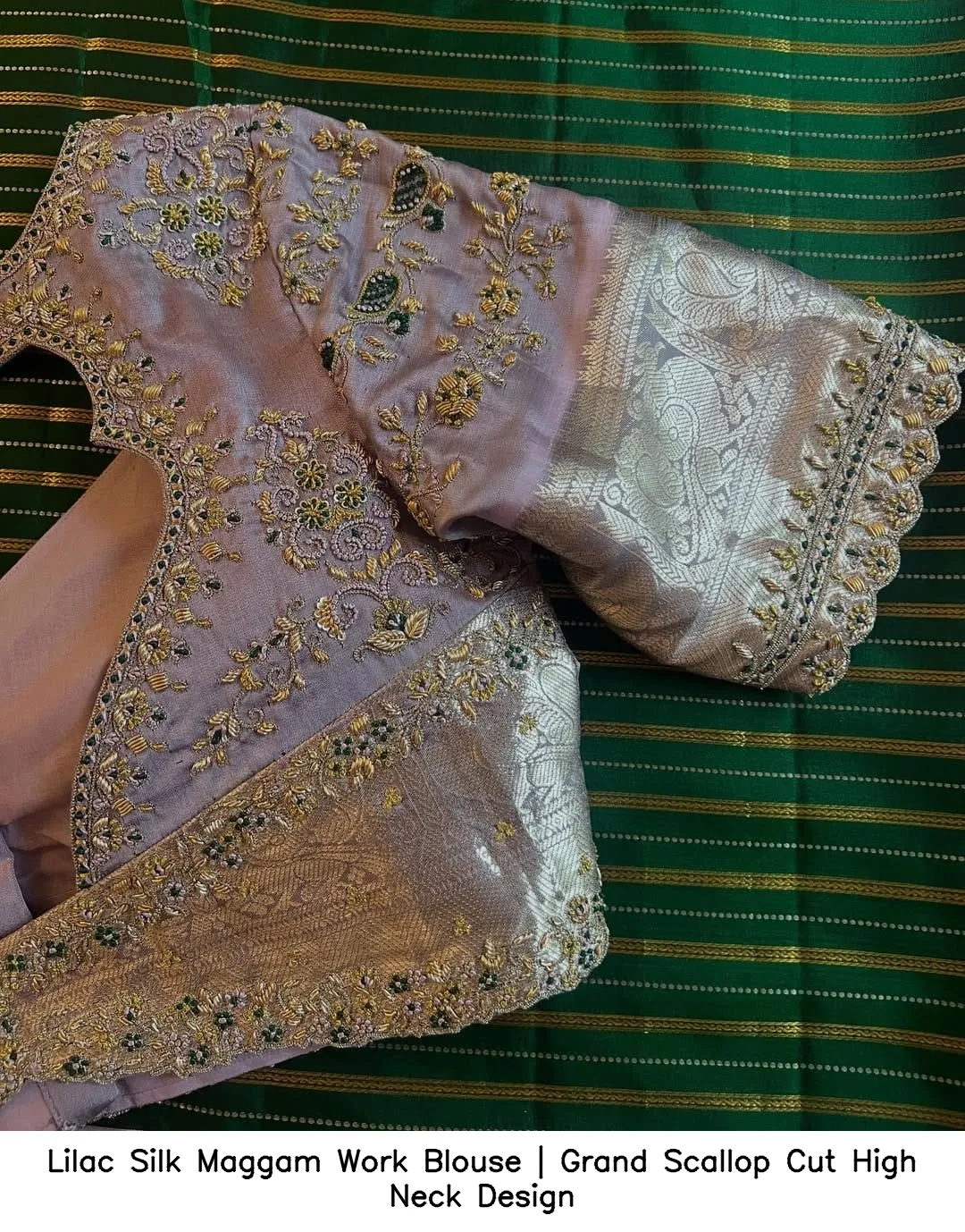 Lilac Silk Maggam Work Blouse | Grand Scallop Cut High Neck Design