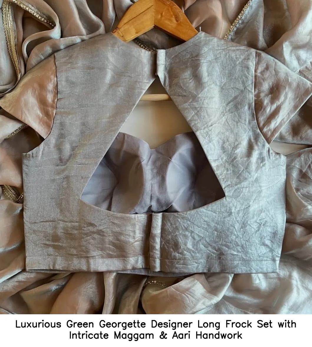 Luxurious Green Georgette Designer Long Frock Set with Intricate Maggam & Aari Handwork