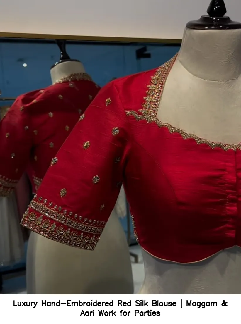 Luxury Hand-Embroidered Red Silk Blouse | Maggam & Aari Work for Parties