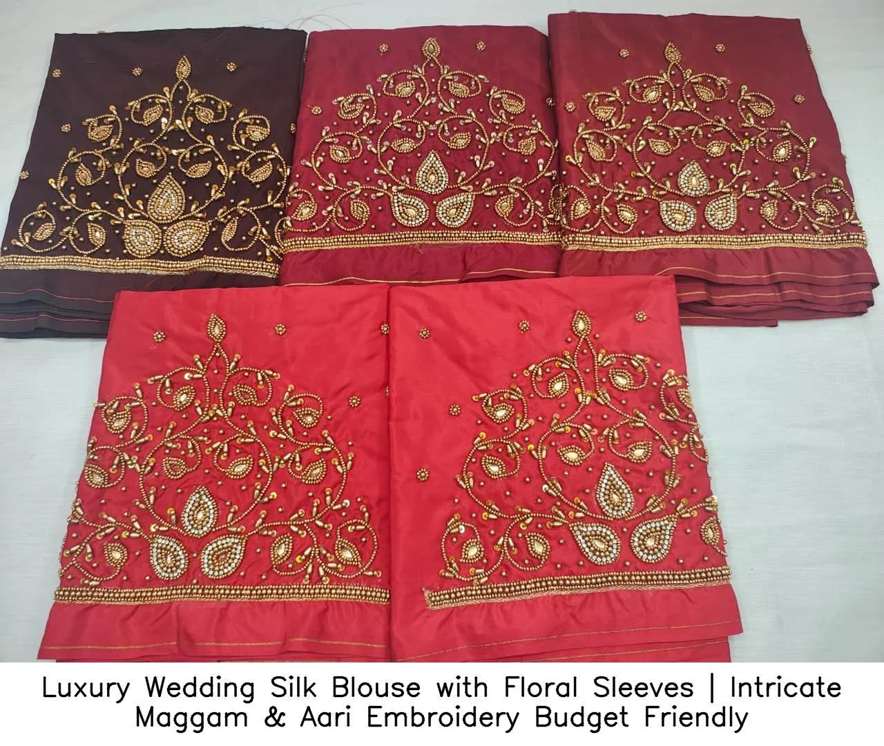 Luxury Wedding Silk Blouse with Floral Sleeves | Intricate Maggam & Aari Embroidery – Budget Friendly