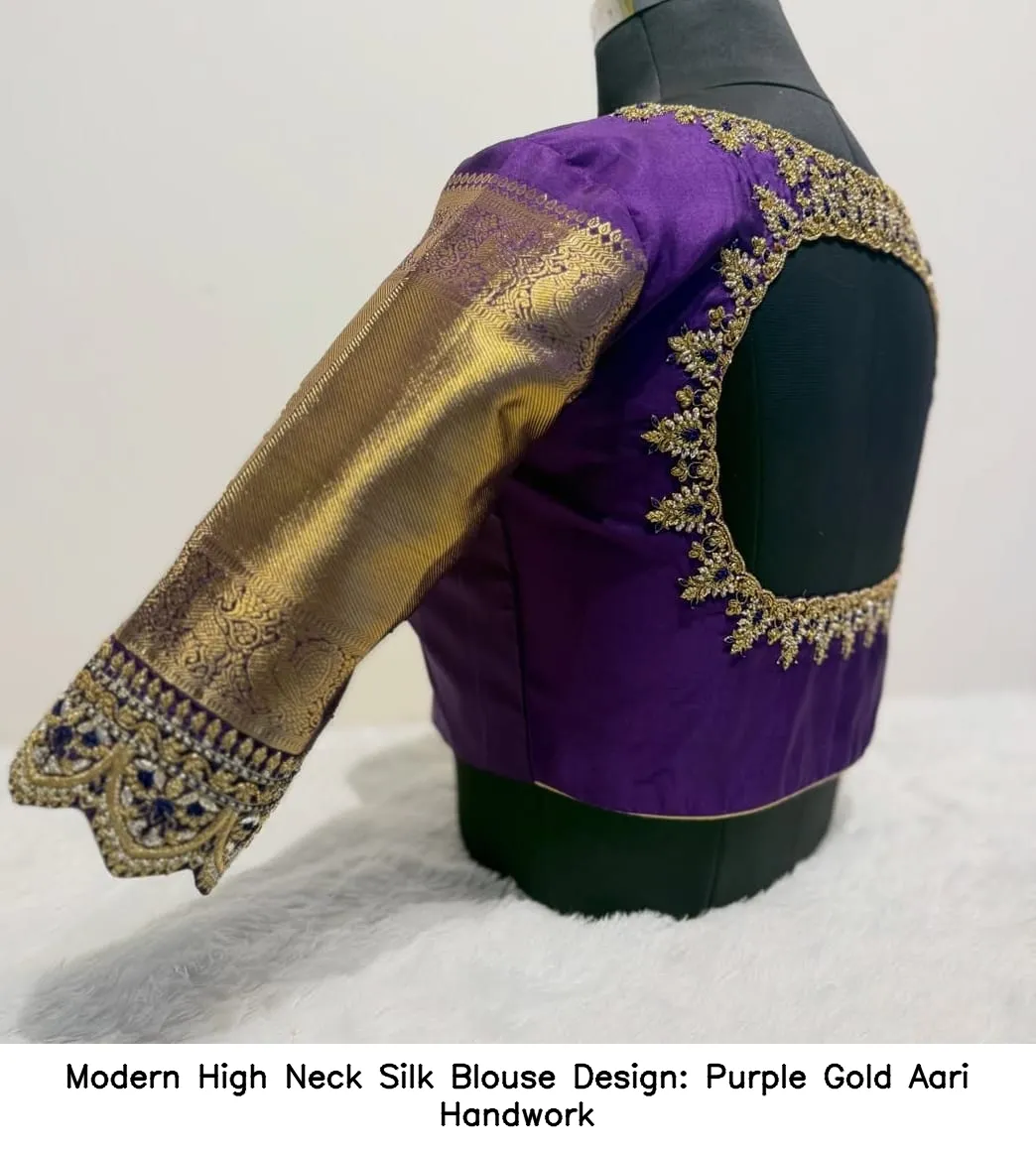 Modern High Neck Silk Blouse Design: Purple Gold Aari Handwork