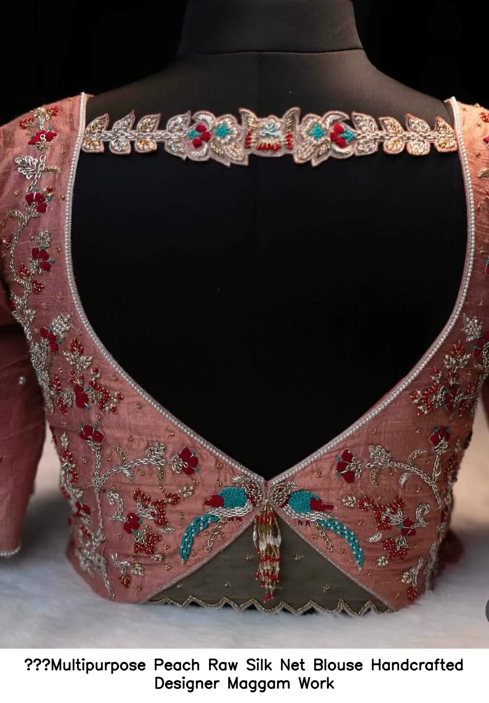 Multipurpose Peach Raw Silk Net Blouse  Handcrafted Designer Maggam Work