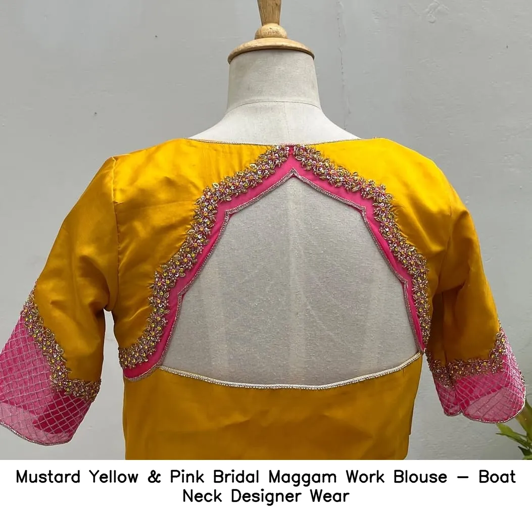 Mustard Yellow & Pink Bridal Maggam Work Blouse - Boat Neck Designer Wear