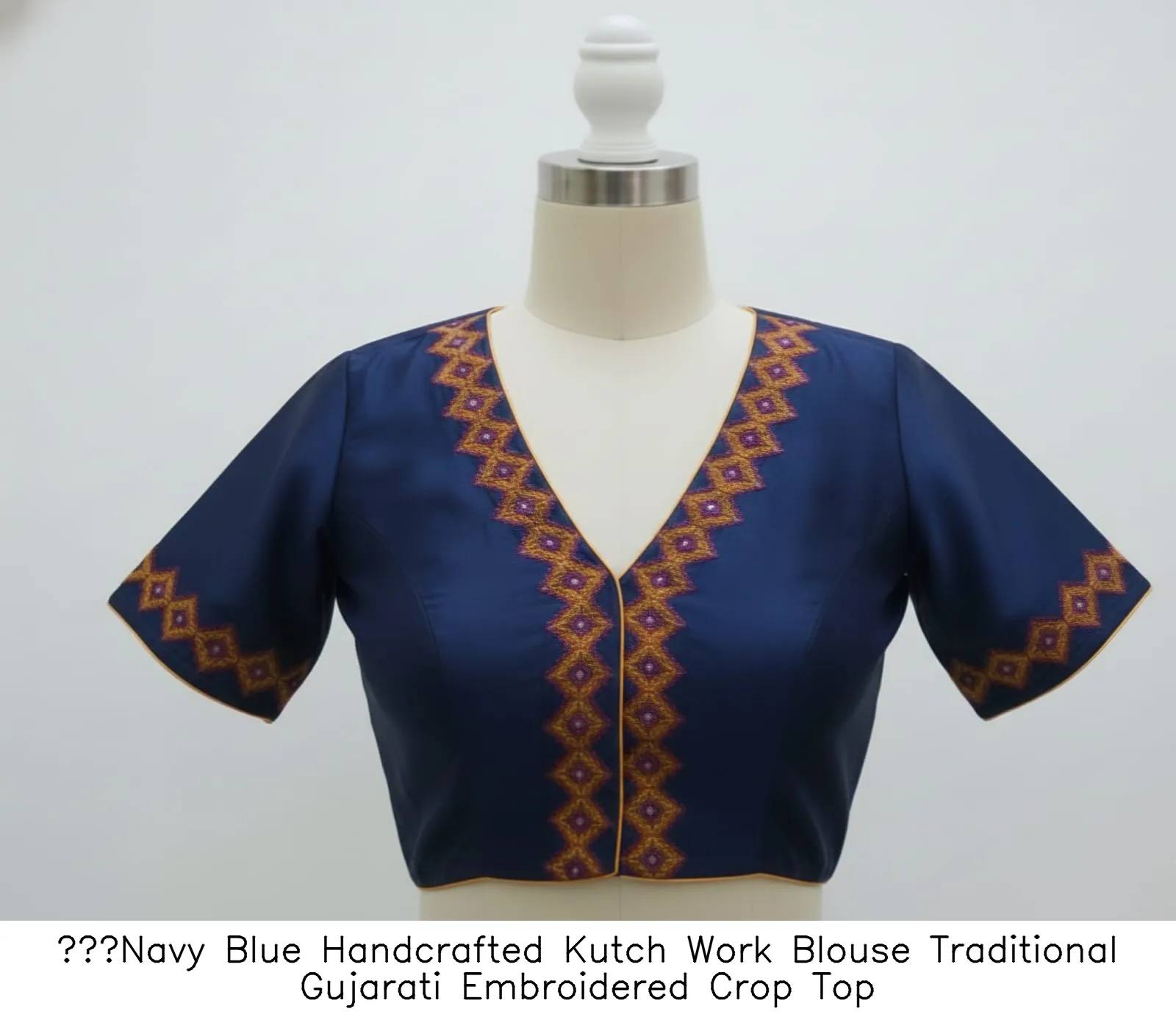 Navy Blue Handcrafted Kutch Work Blouse Traditional Gujarati Embroidered Crop Top