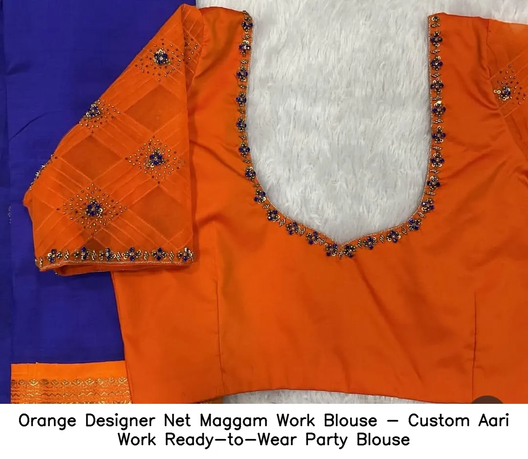 Orange Designer Net Maggam Work Blouse - Custom Aari Work Ready-to-Wear Party Blouse