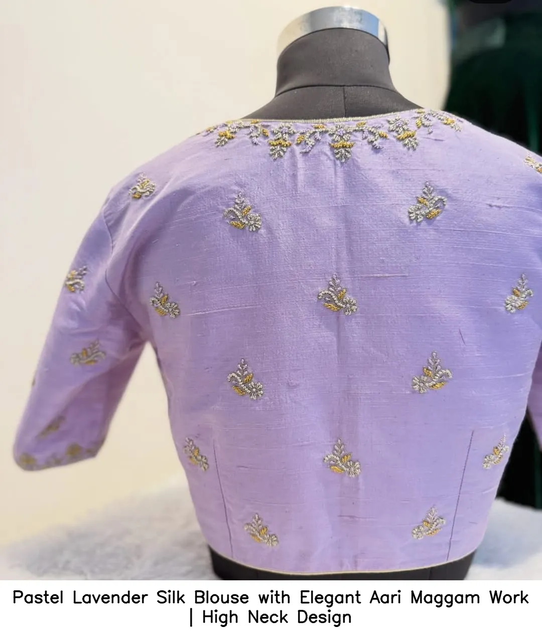 Pastel Lavender Silk Blouse with Elegant Aari Maggam Work | High Neck Design