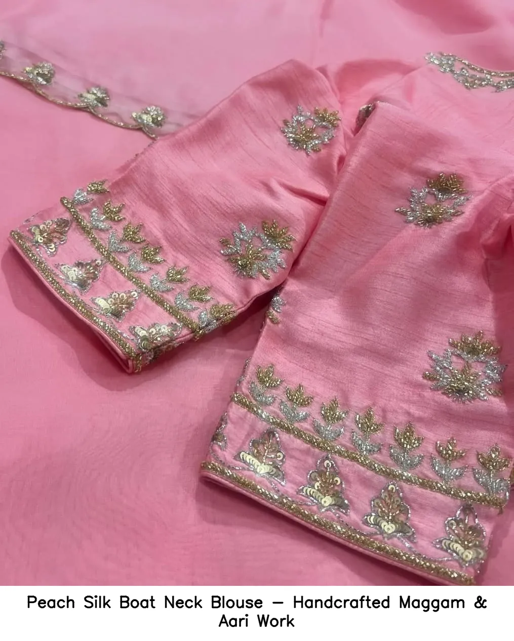 Peach Silk Boat Neck Blouse - Handcrafted Maggam & Aari Work