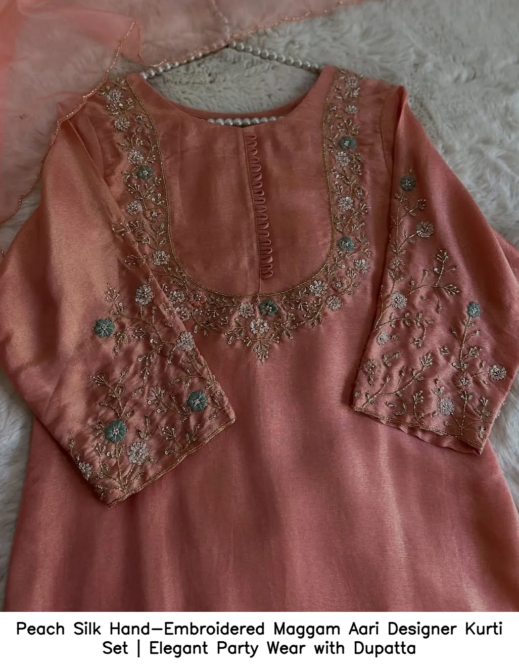 Peach Silk Hand-Embroidered Maggam Aari Designer Kurti Set | Elegant Party Wear with Dupatta