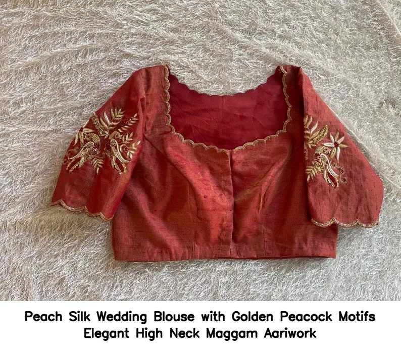 Peach Silk Wedding Blouse with Golden Peacock Motifs – Elegant High Neck Maggam Aariwork