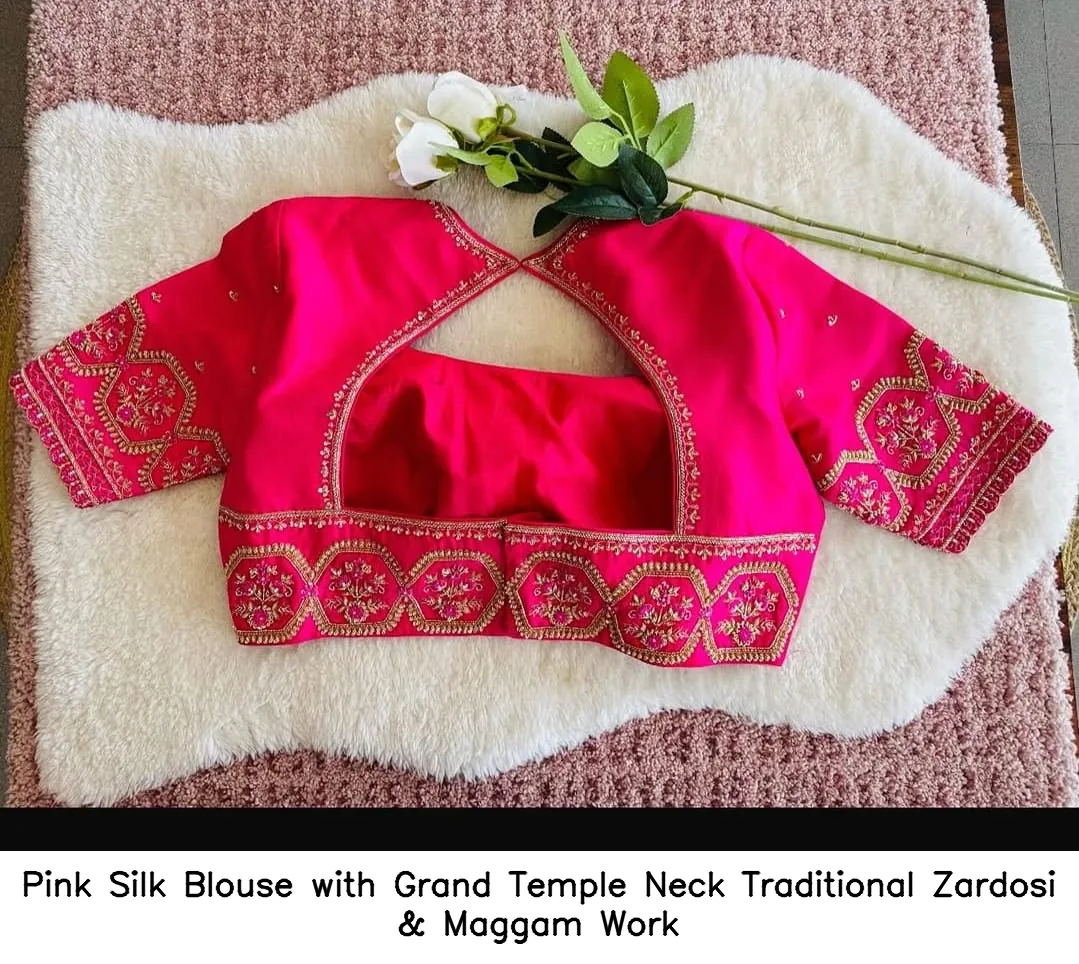 Pink Silk Blouse with Grand Temple Neck – Traditional Zardosi & Maggam Work