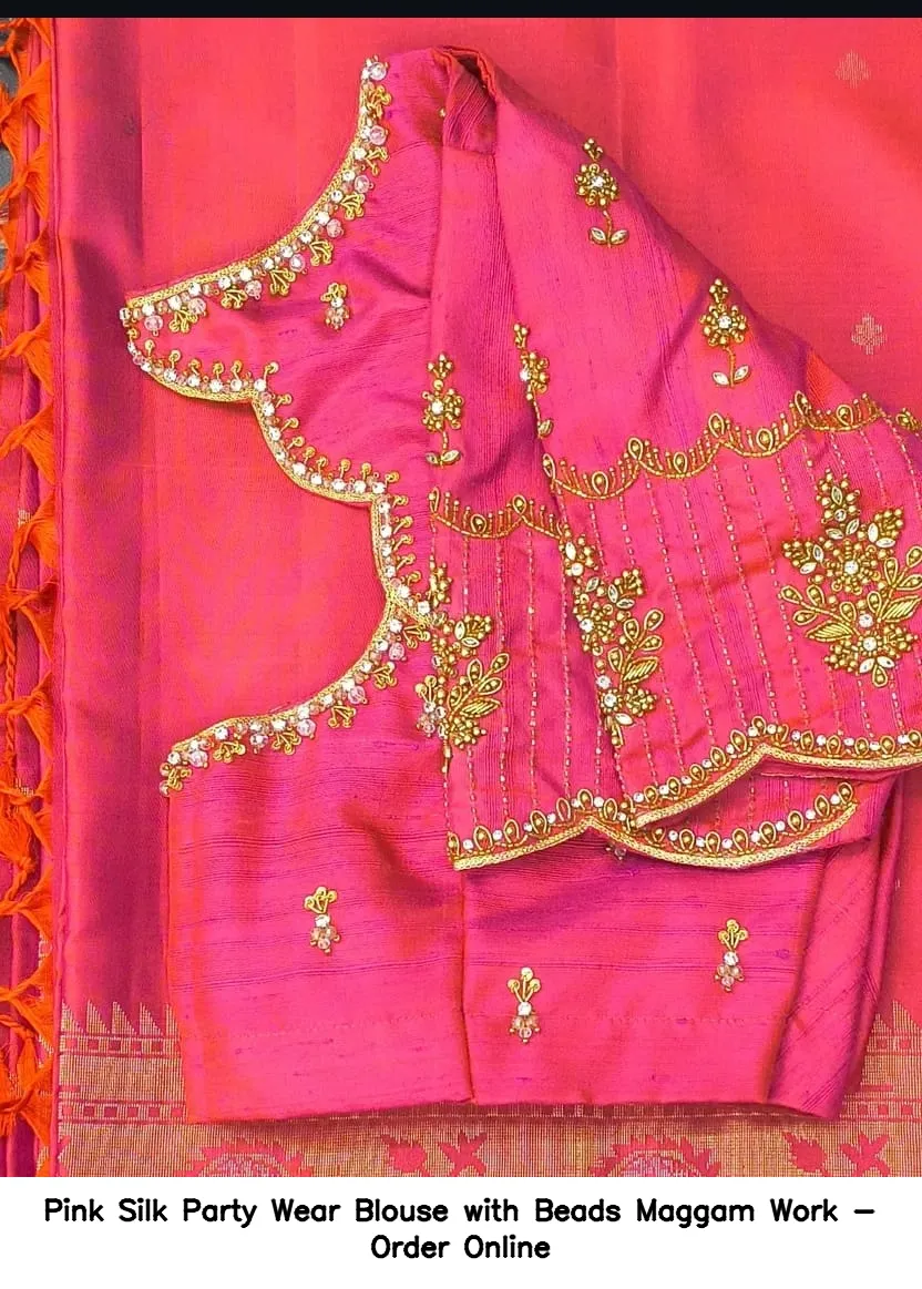 Pink Silk Party Wear Blouse with Beads Maggam Work - Order Online