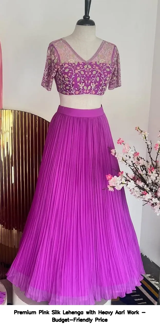 Premium Pink Silk Lehenga with Heavy Aari Work - Budget-Friendly Price