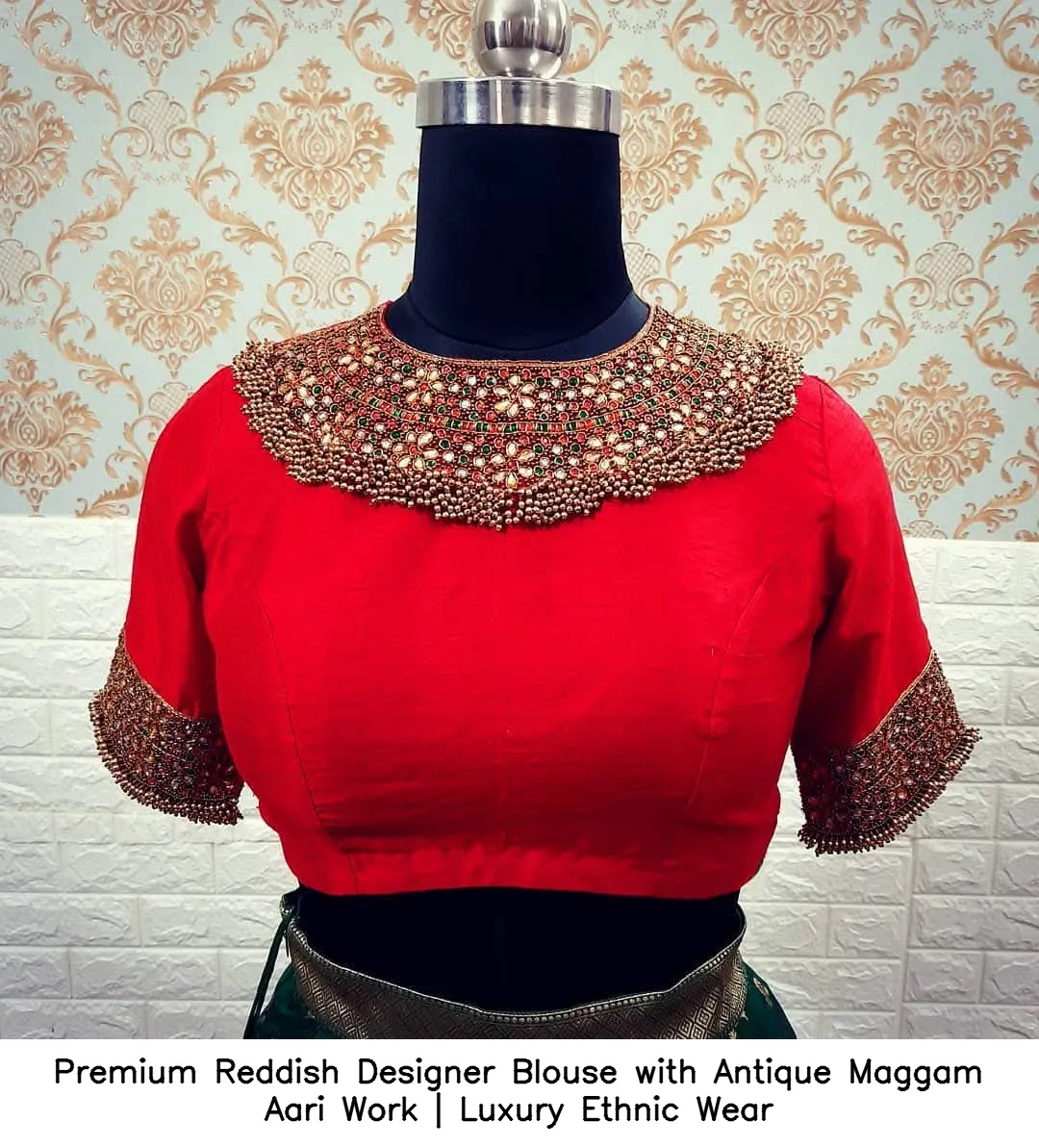 Premium Reddish Designer Blouse with Antique Maggam Aari Work | Luxury Ethnic Wear