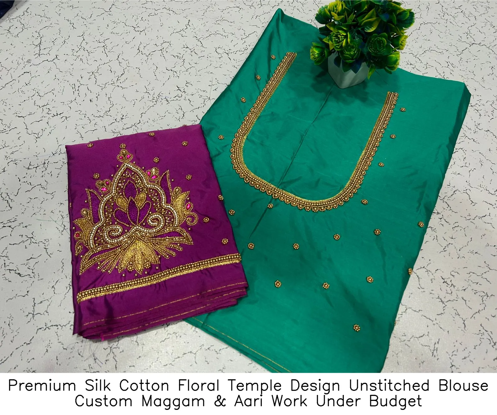 Premium Silk Cotton Floral Temple Design Unstitched Blouse – Custom Maggam & Aari Work Under Budget