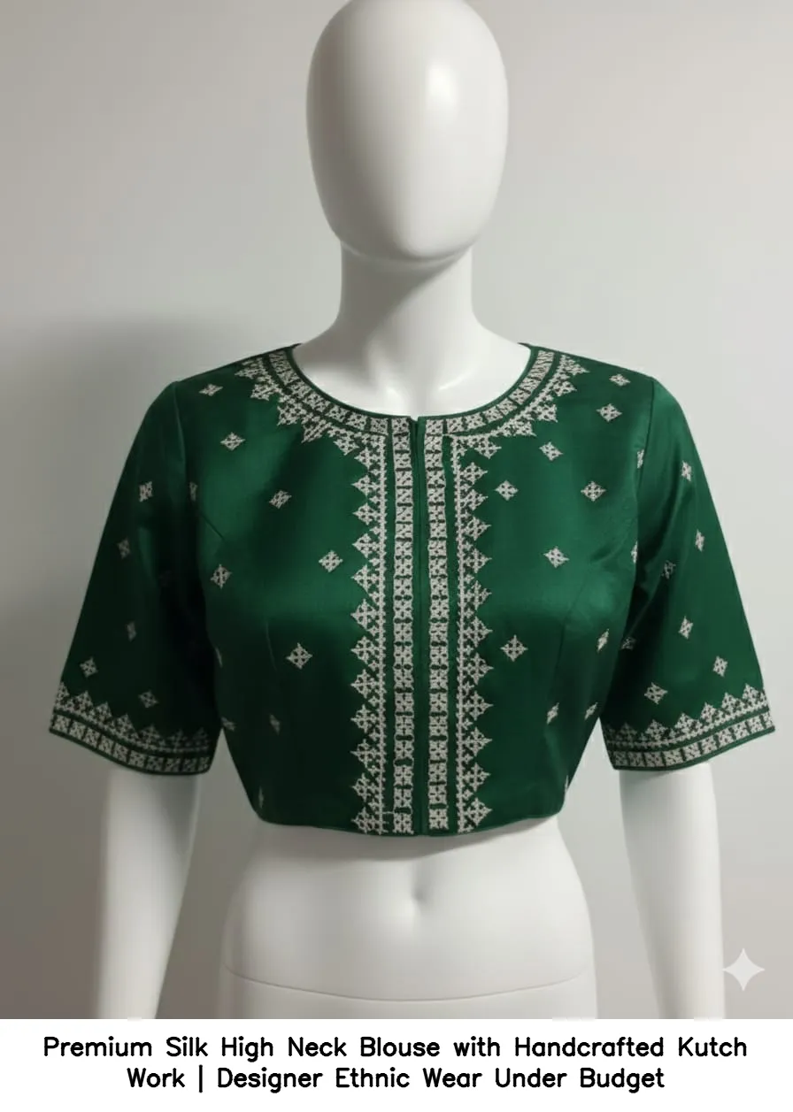 Premium Silk High Neck Blouse with Handcrafted Kutch Work | Designer Ethnic Wear Under Budget
