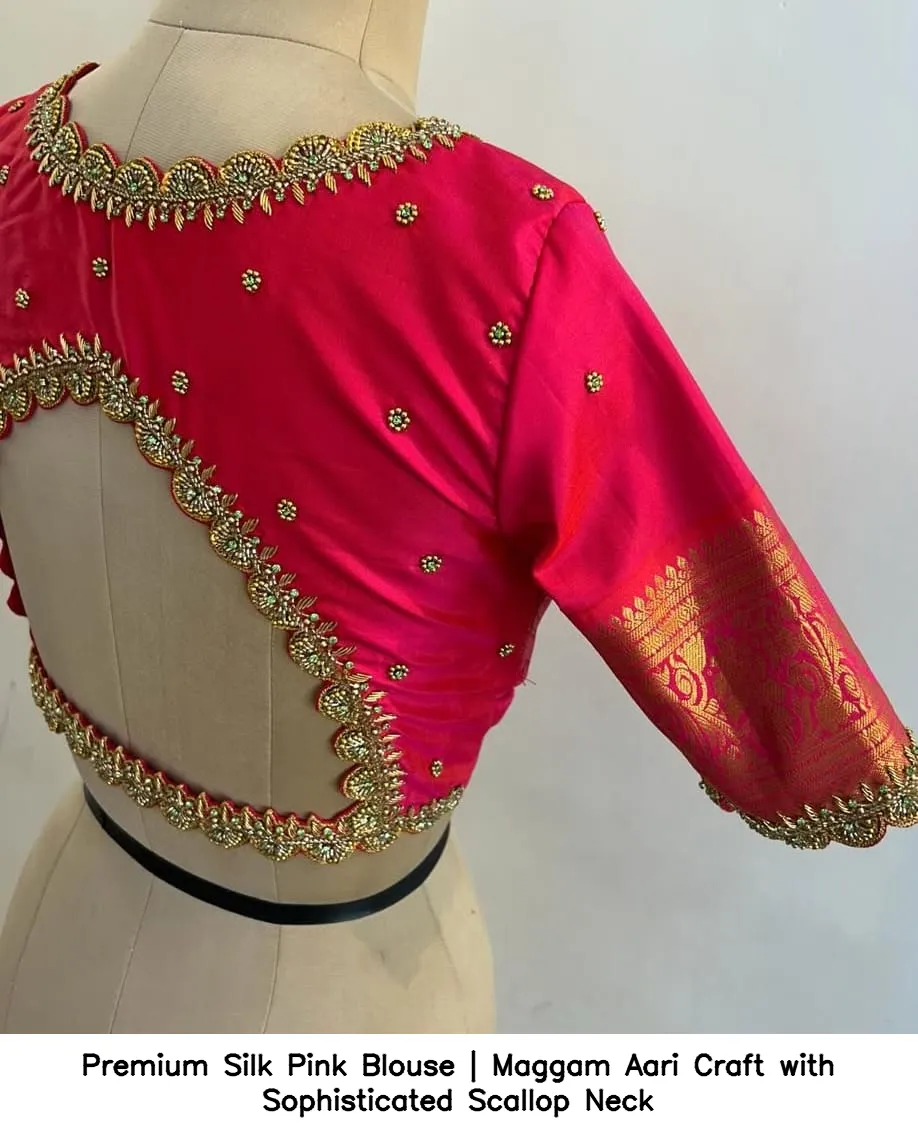 Premium Silk Pink Blouse | Maggam Aari Craft with Sophisticated Scallop Neck