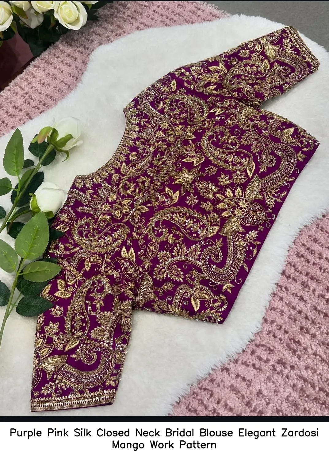 Purple Pink Silk Closed Neck Bridal Blouse – Elegant Zardosi Mango Work Pattern