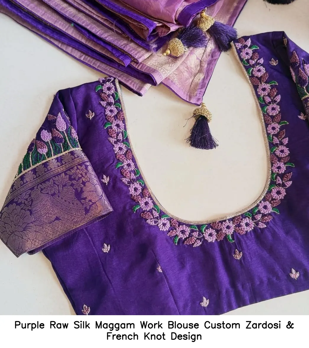 Purple Raw Silk Maggam Work Blouse – Custom Zardosi & French Knot Design