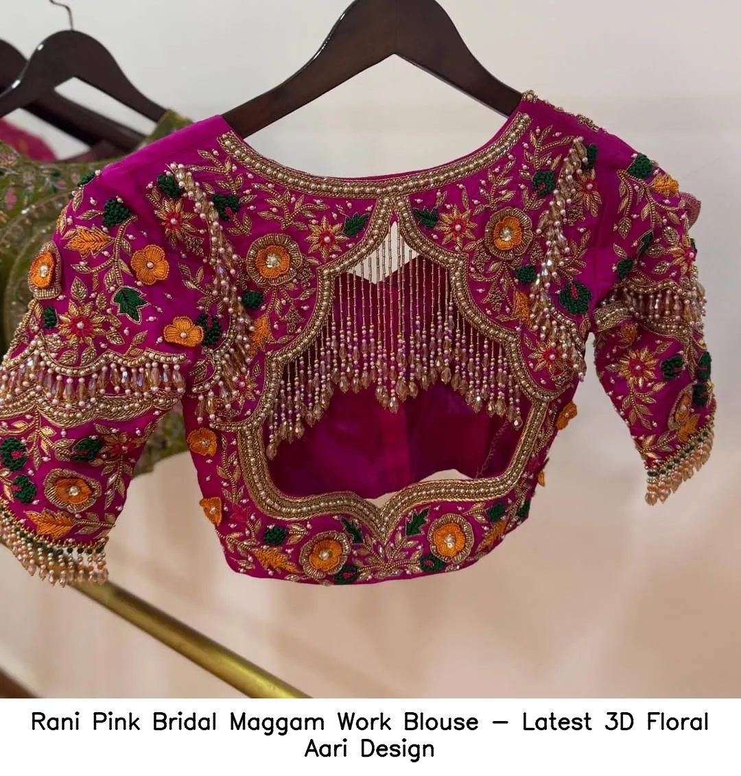 Rani Pink Bridal Maggam Work Blouse - Latest 3D Floral Aari Design