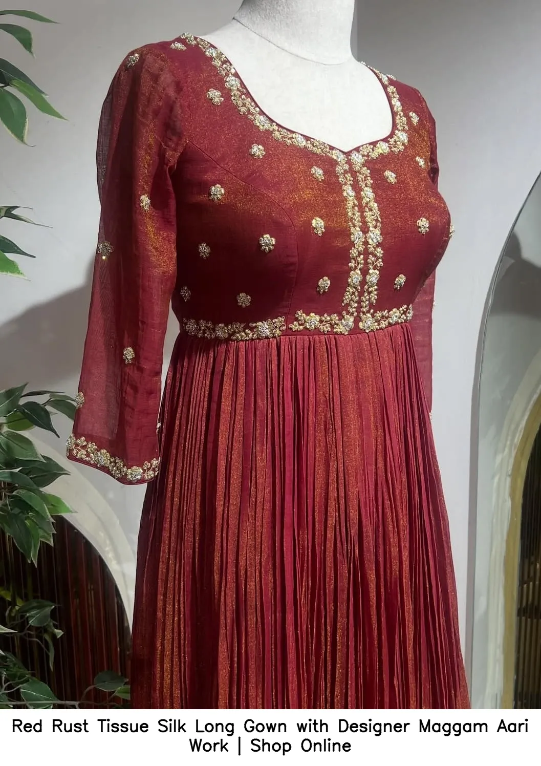 Red Rust Tissue Silk Long Gown with Designer Maggam Aari Work | Shop Online