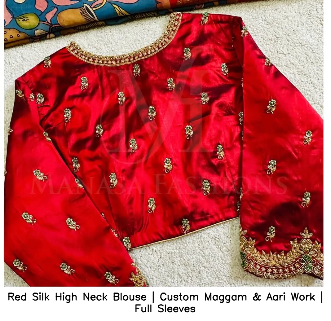 Red Silk High Neck Blouse | Custom Maggam & Aari Work | Full Sleeves