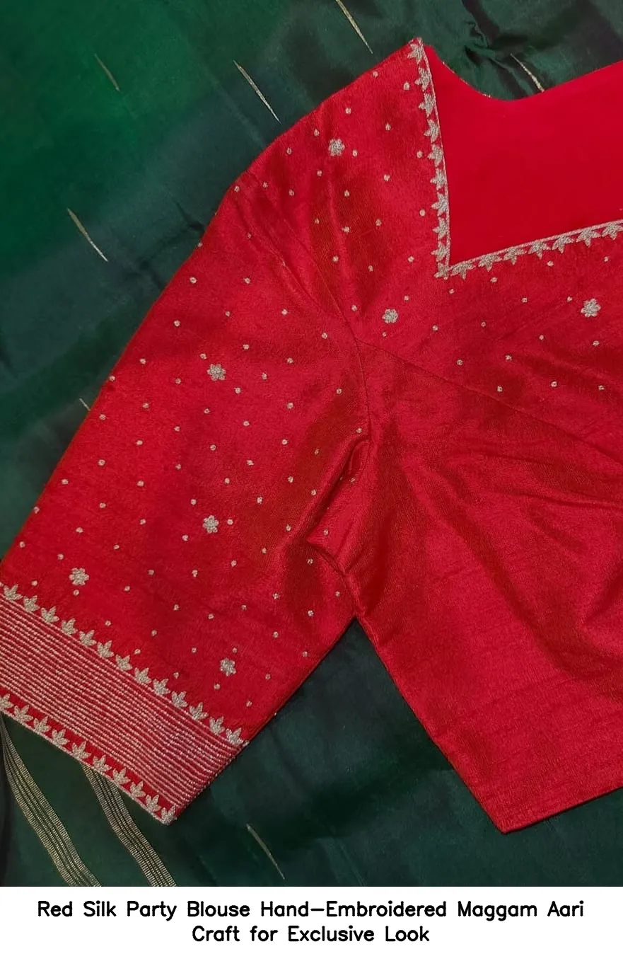 Red Silk Party Blouse – Hand-Embroidered Maggam Aari Craft for Exclusive Look