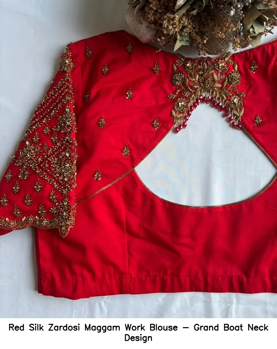 Red Silk Zardosi Maggam Work Blouse - Grand Boat Neck Design