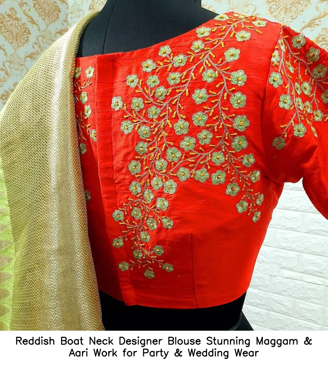 Reddish Boat Neck Designer Blouse – Stunning Maggam & Aari Work for Party & Wedding Wear