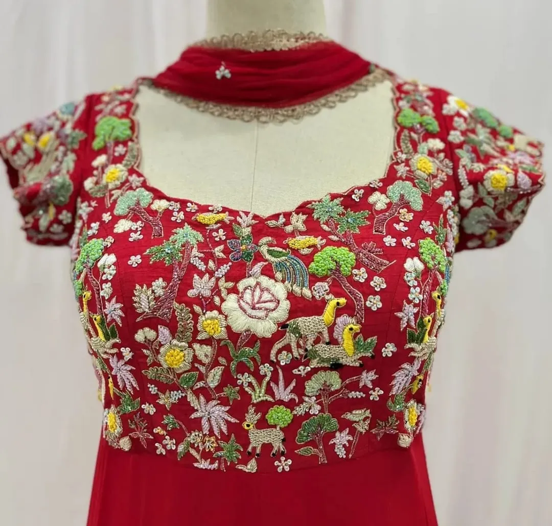 Royal Red Bridal Maggam Work Long Frock Luxury Party Wear Designer Gown for Weddings - Image 2