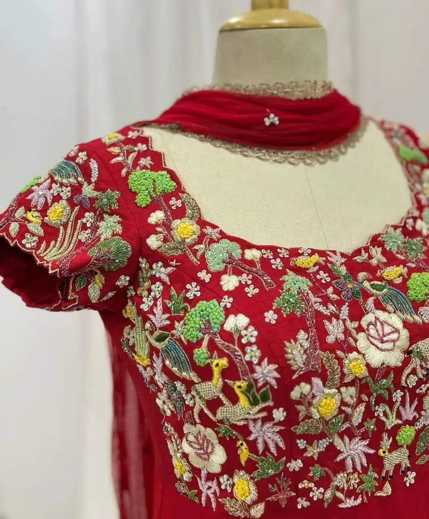 Royal Red Bridal Maggam Work Long Frock Luxury Party Wear Designer Gown for Weddings - Image 3