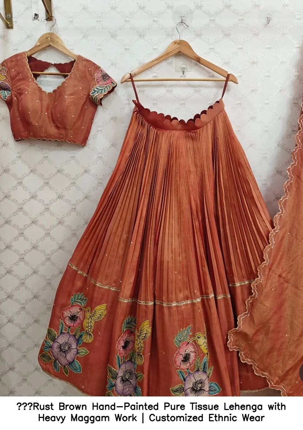 Rust Brown Hand-Painted Pure Tissue Lehenga with Heavy Maggam Work | Customized Ethnic Wear - Image 2