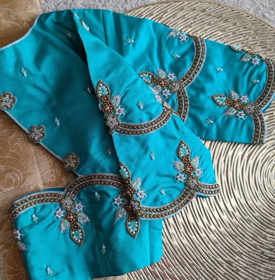 Sky Blue Pearls Maggam Work Blouse Elegant Bridal  Party Wear Designer Blouse