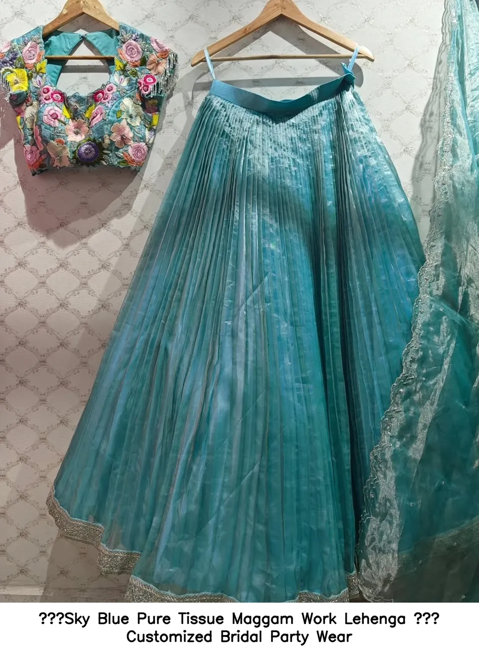 Sky Blue Pure Tissue Maggam Work Lehenga – Customized Bridal  Party Wear