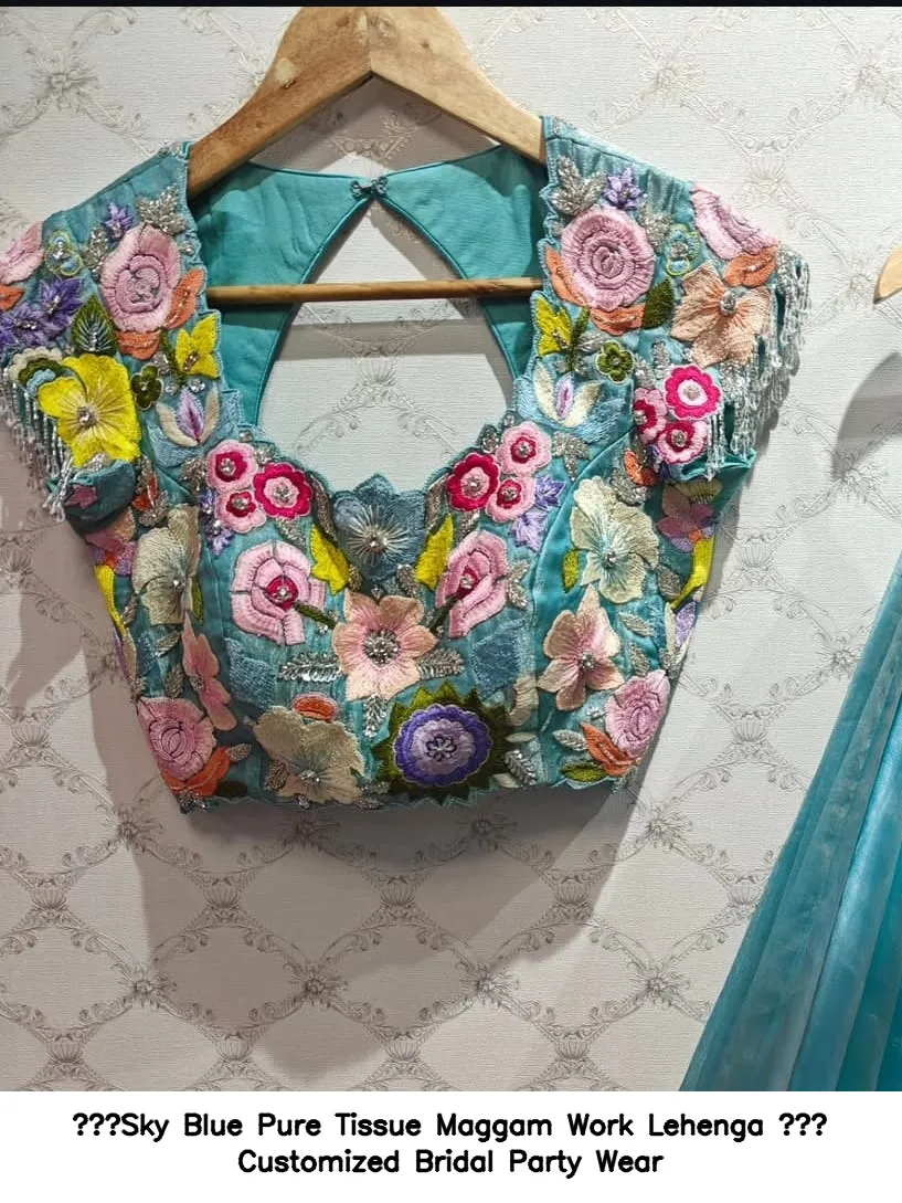 Sky Blue Pure Tissue Maggam Work Lehenga – Customized Bridal Party Wear - Image 2