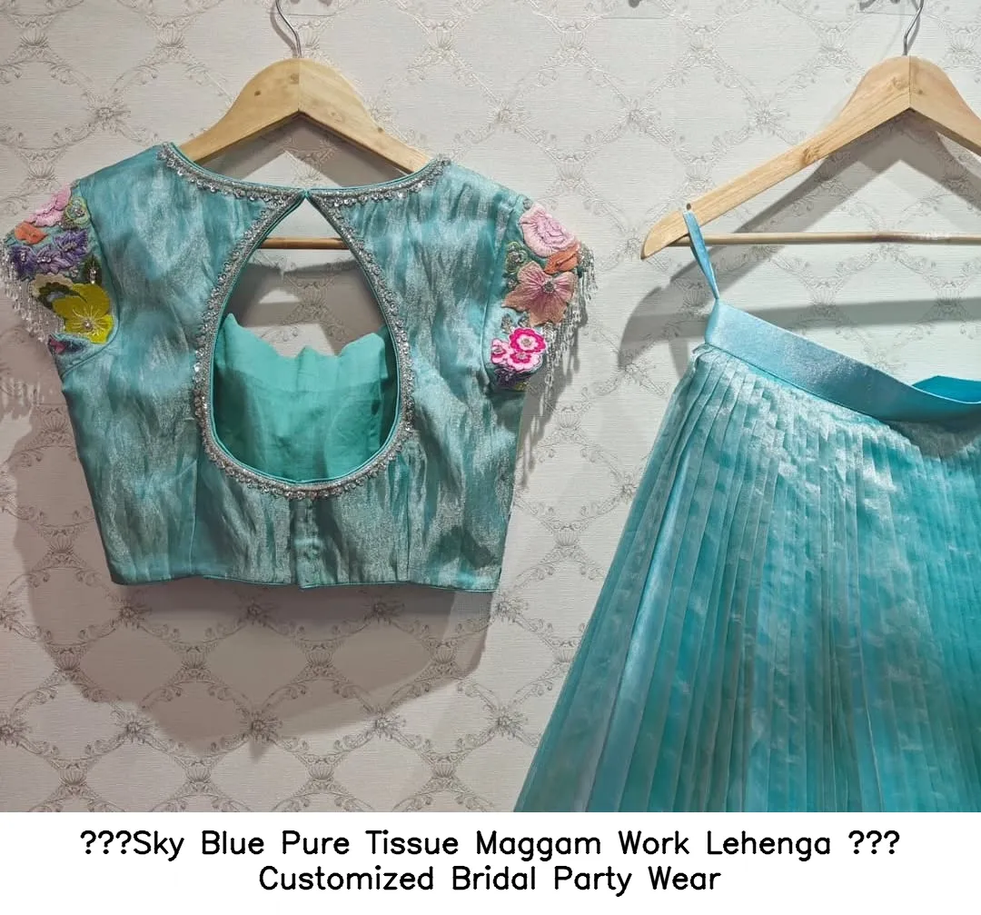 Sky Blue Pure Tissue Maggam Work Lehenga – Customized Bridal Party Wear - Image 3
