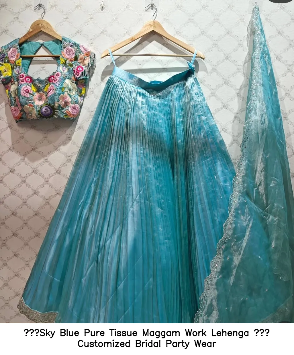 Sky Blue Pure Tissue Maggam Work Lehenga – Customized Bridal Party Wear - Image 4
