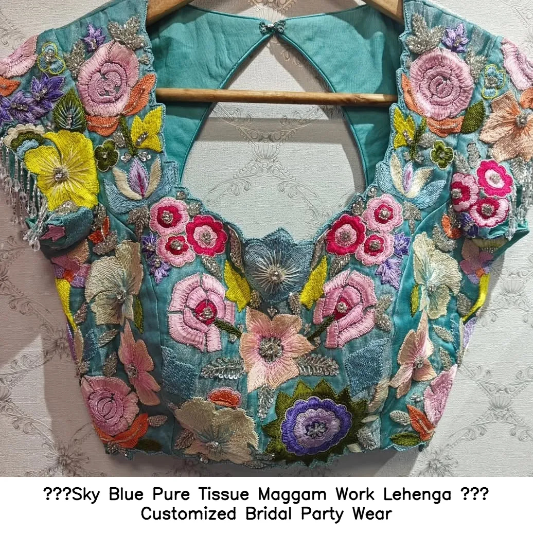 Sky Blue Pure Tissue Maggam Work Lehenga – Customized Bridal Party Wear - Image 5