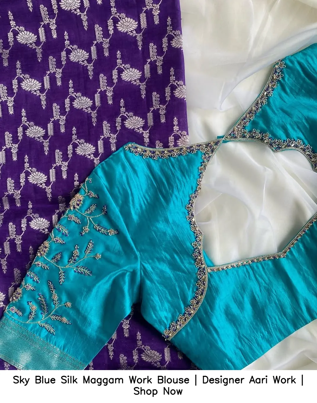 Sky Blue Silk Maggam Work Blouse | Designer Aari Work | Shop Now