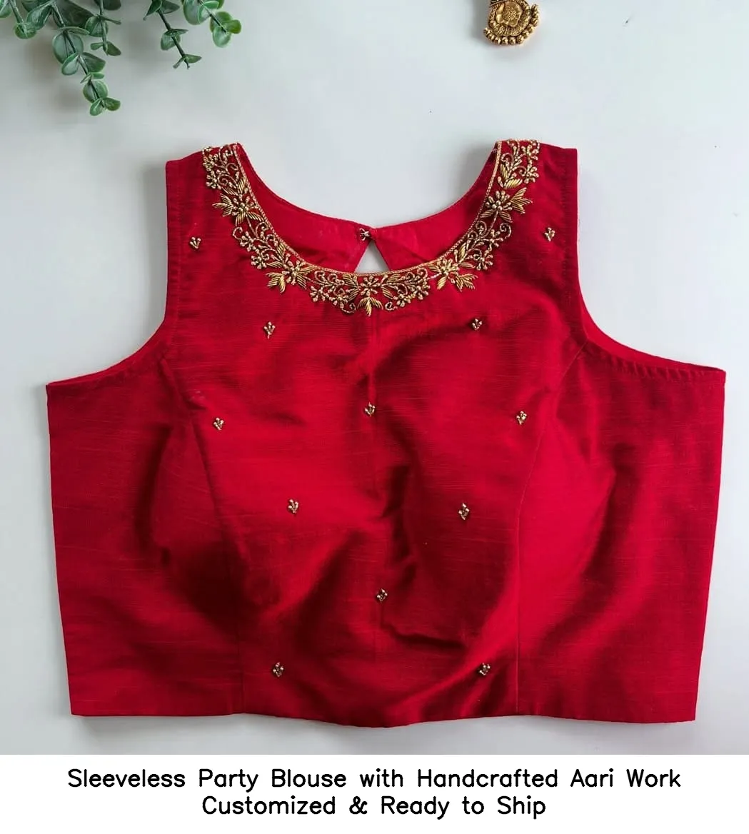 Sleeveless Party Blouse with Handcrafted Aari Work – Customized & Ready to Ship