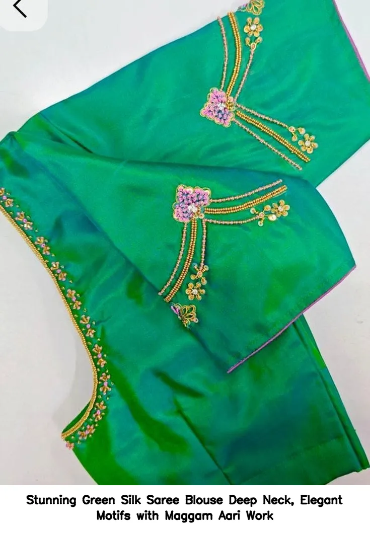 Stunning Green Silk Saree Blouse – Deep Neck, Elegant Motifs with Maggam Aari Work
