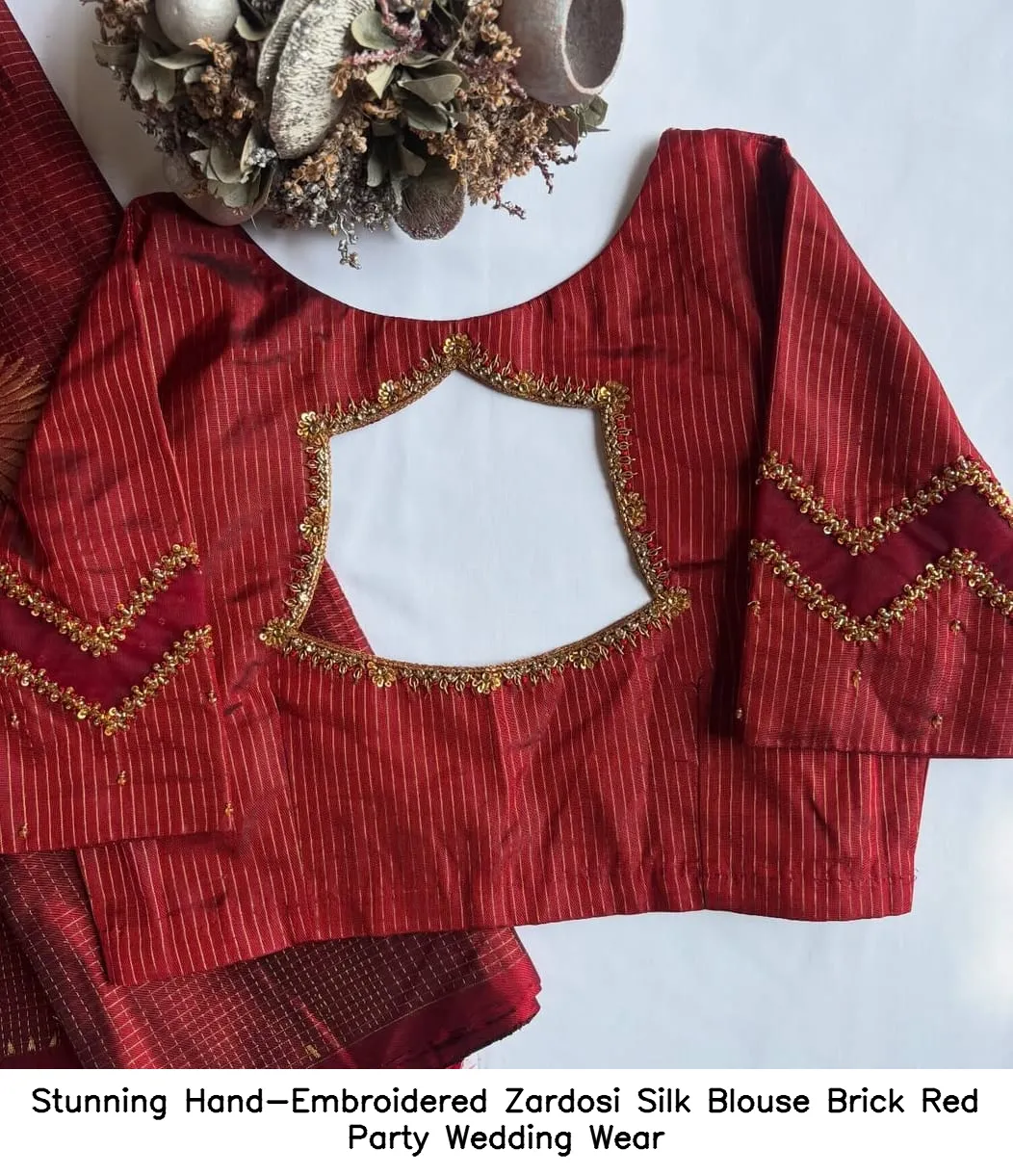 Stunning Hand-Embroidered Zardosi Silk Blouse – Brick Red Party  Wedding Wear