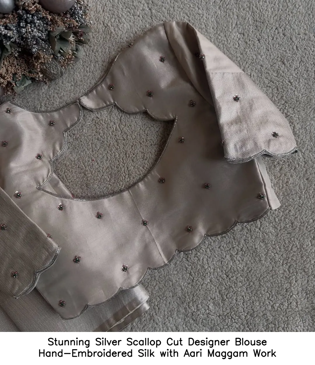 Stunning Silver Scallop Cut Designer Blouse – Hand-Embroidered Silk with Aari Maggam Work