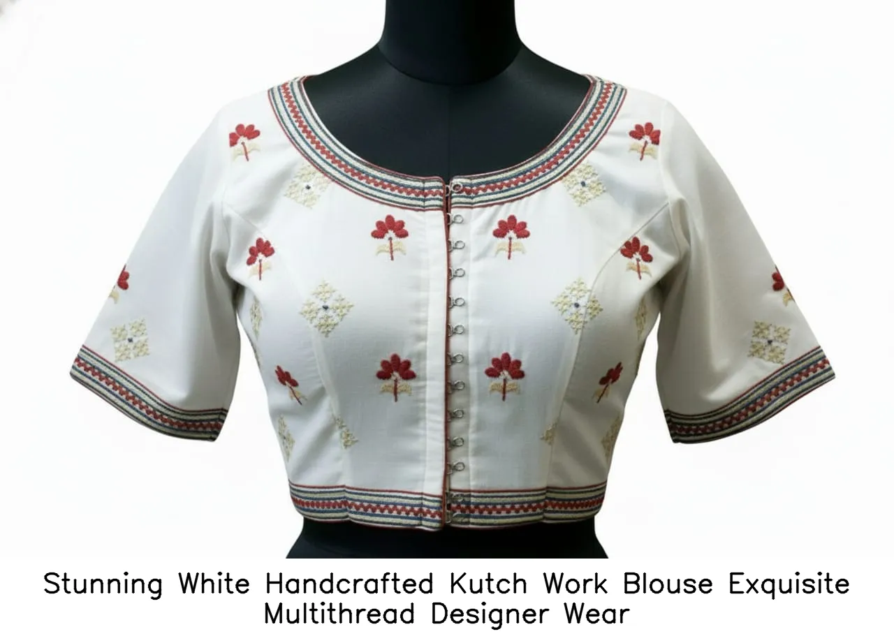 Stunning White Handcrafted Kutch Work Blouse  Exquisite Multithread Designer Wear