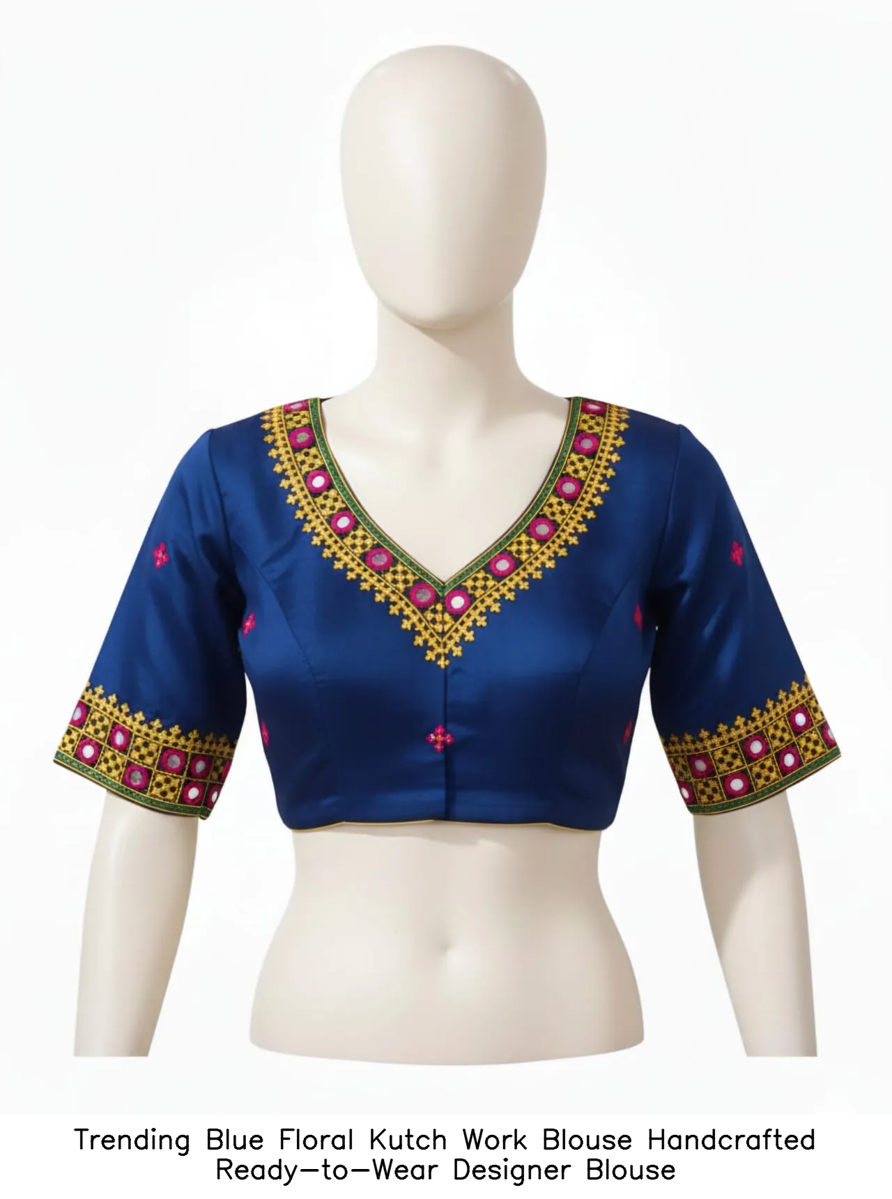 Trending Blue Floral Kutch Work Blouse  Handcrafted Ready-to-Wear Designer Blouse