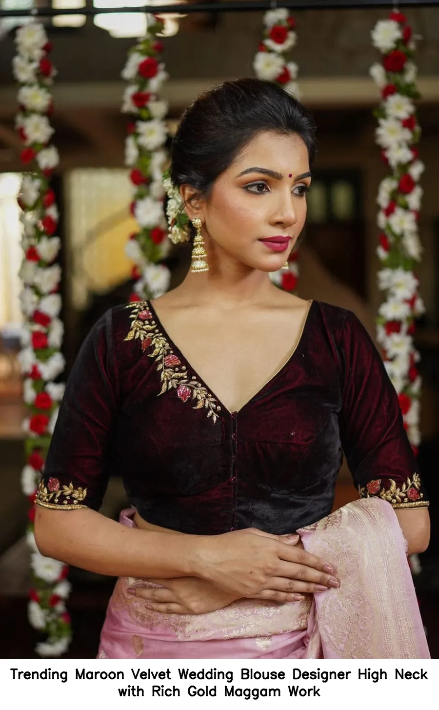 Trending Maroon Velvet Wedding Blouse – Designer High Neck with Rich Gold Maggam Work