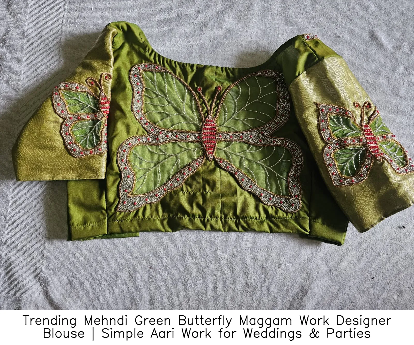 Trending Mehndi Green Butterfly Maggam Work Designer Blouse | Simple Aari Work for Weddings & Parties