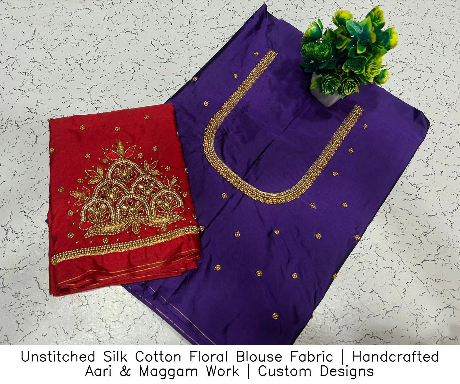 Unstitched Silk Cotton Floral Blouse Fabric | Handcrafted Aari & Maggam Work | Custom Designs