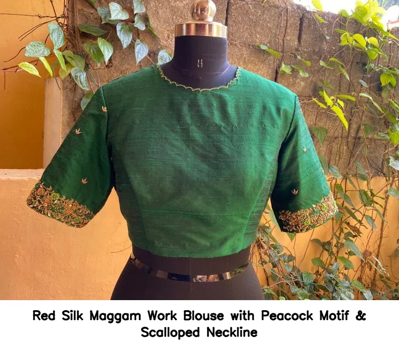 Red Silk Maggam Work Blouse with Peacock Motif & Scalloped Neckline