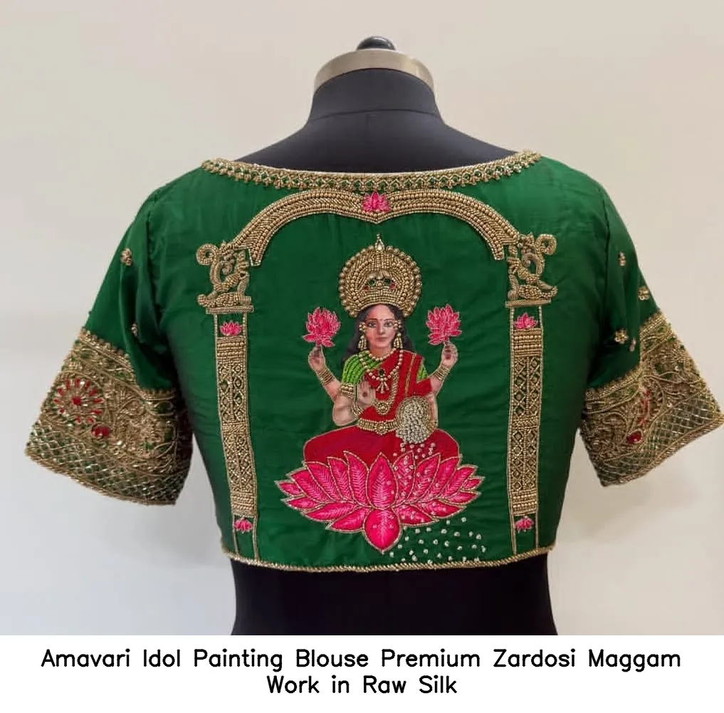 Amavari Idol Painting Blouse – Premium Zardosi Maggam Work in Raw Silk