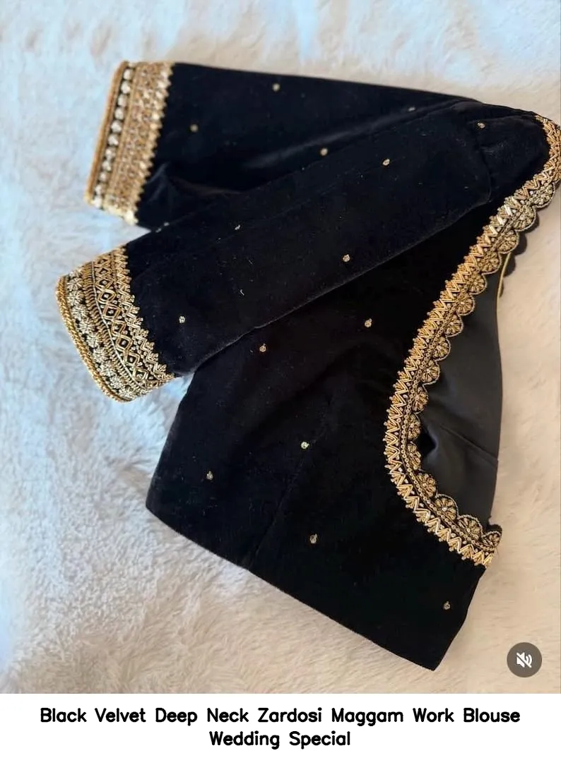 Black Velvet Deep Neck Zardosi Maggam Work Blouse – Wedding Special